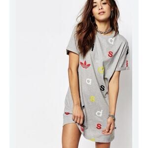 Adidas Originals Letter Print Grey Multi Tee Dress Size XS